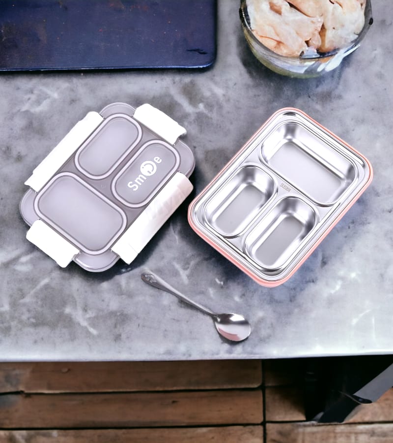 Premium Stainless Steel Lunch Box Leak-proof- 3 Sealed Compartments Box – 710 ml (Pink) view 2