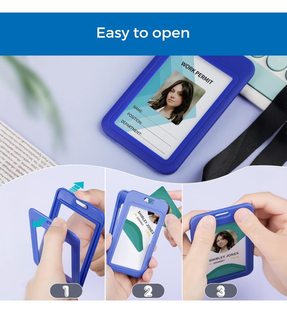 Solo ID Card Holder – Pack of 2 | Vertical Double-Sided Badge Case | Durable Plastic ID Protector for Office, School & Events | Blue (5.4 x 8.5 cm) view 2