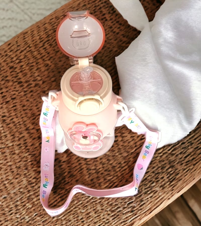 Teddy Bear Water Bottle for Kids - 650 ML, Kids Double-Wall Thermos Flask Cute Water Bottles (Pink) view 2