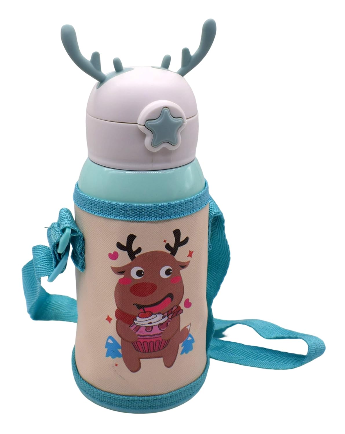 Water Bottle for Kids 600 ML with Sleeve & Stainless Steel Insulated with 3 Lids Anti-leak Kids Cartoon Water Bottle Green view 2
