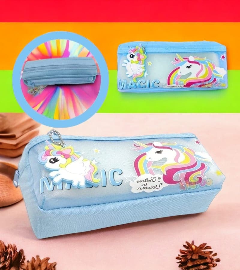 Unicorn Cute Pencil Case for Kids | Pencil Bags with Double Compartment Zipper Pouch, Pen Pencil Pouch for School/Office (Blue color) view 2