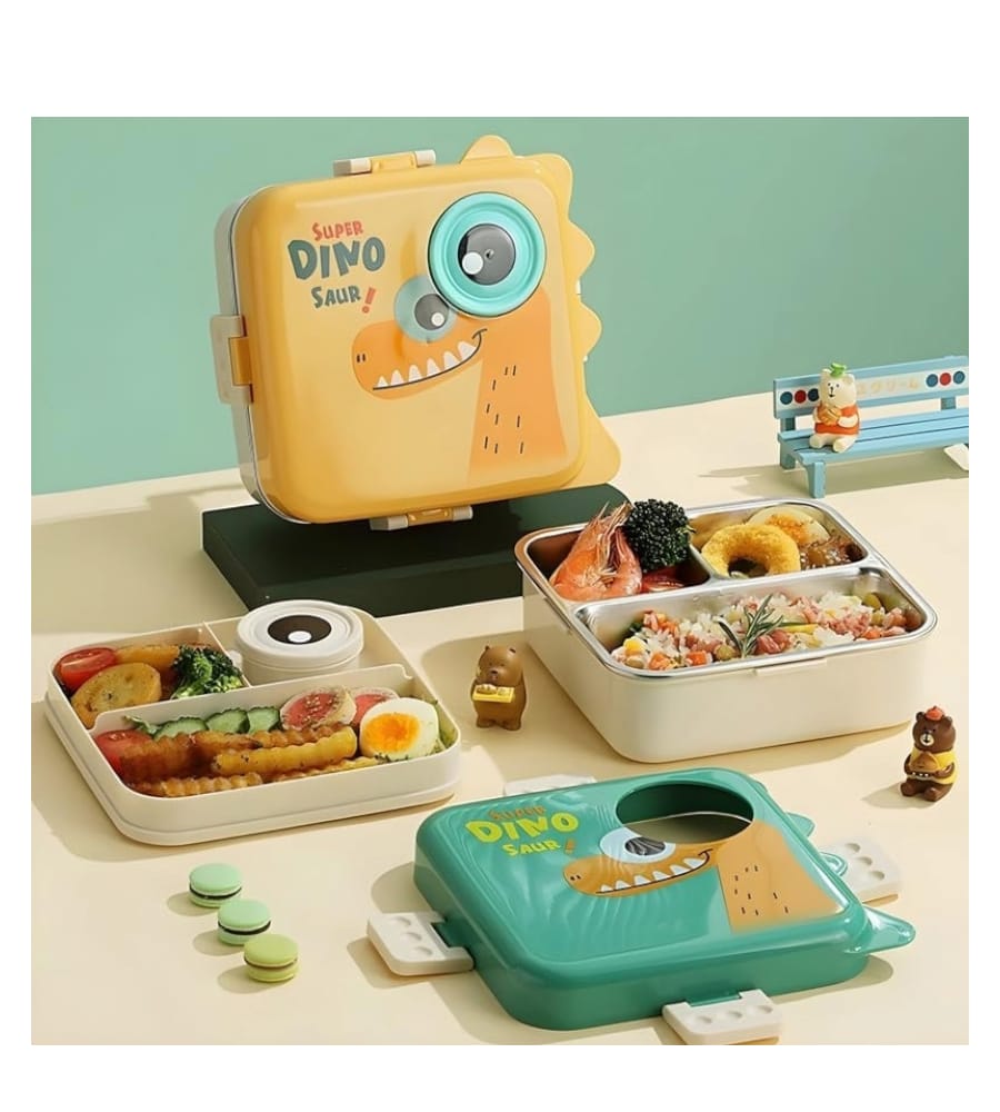 Dinosaur Printed 3 Compartment 1120ml+70ml Stainless Steel Lunchbox- Stainless Steel, Reusable, Leakproof & Freezer Safe view 3