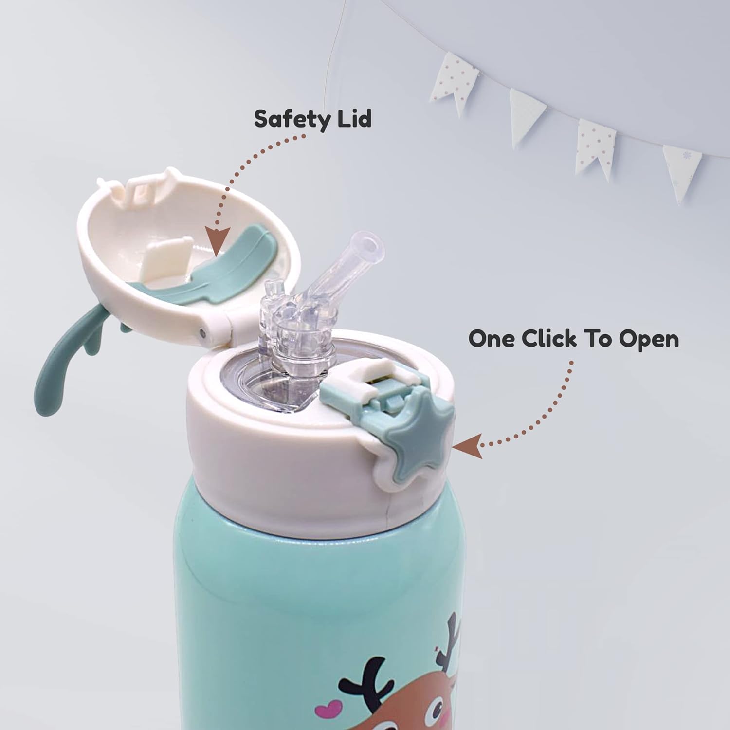 Water Bottle for Kids 600 ML with Sleeve & Stainless Steel Insulated with 3 Lids Anti-leak Kids Cartoon Water Bottle Green view 3