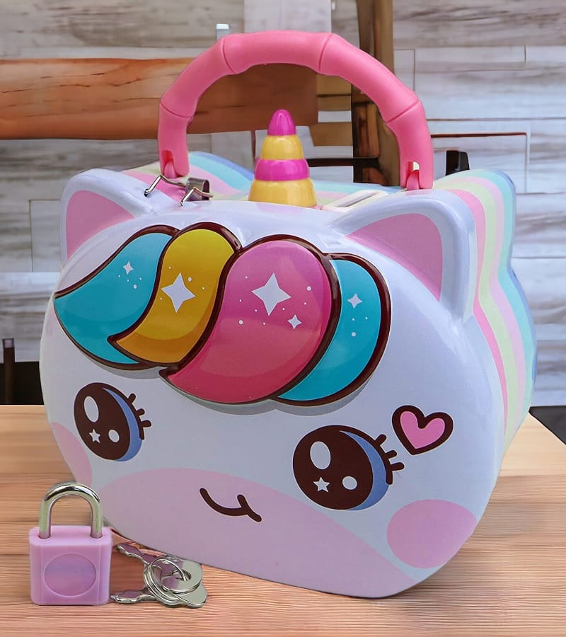Smiling Unicorn Piggy Bank in Metal with Handle| Coin Box| Gullak |Money Box| with Lock & 2 Keys | Cartoon Character | Best Gift for Kids view 3