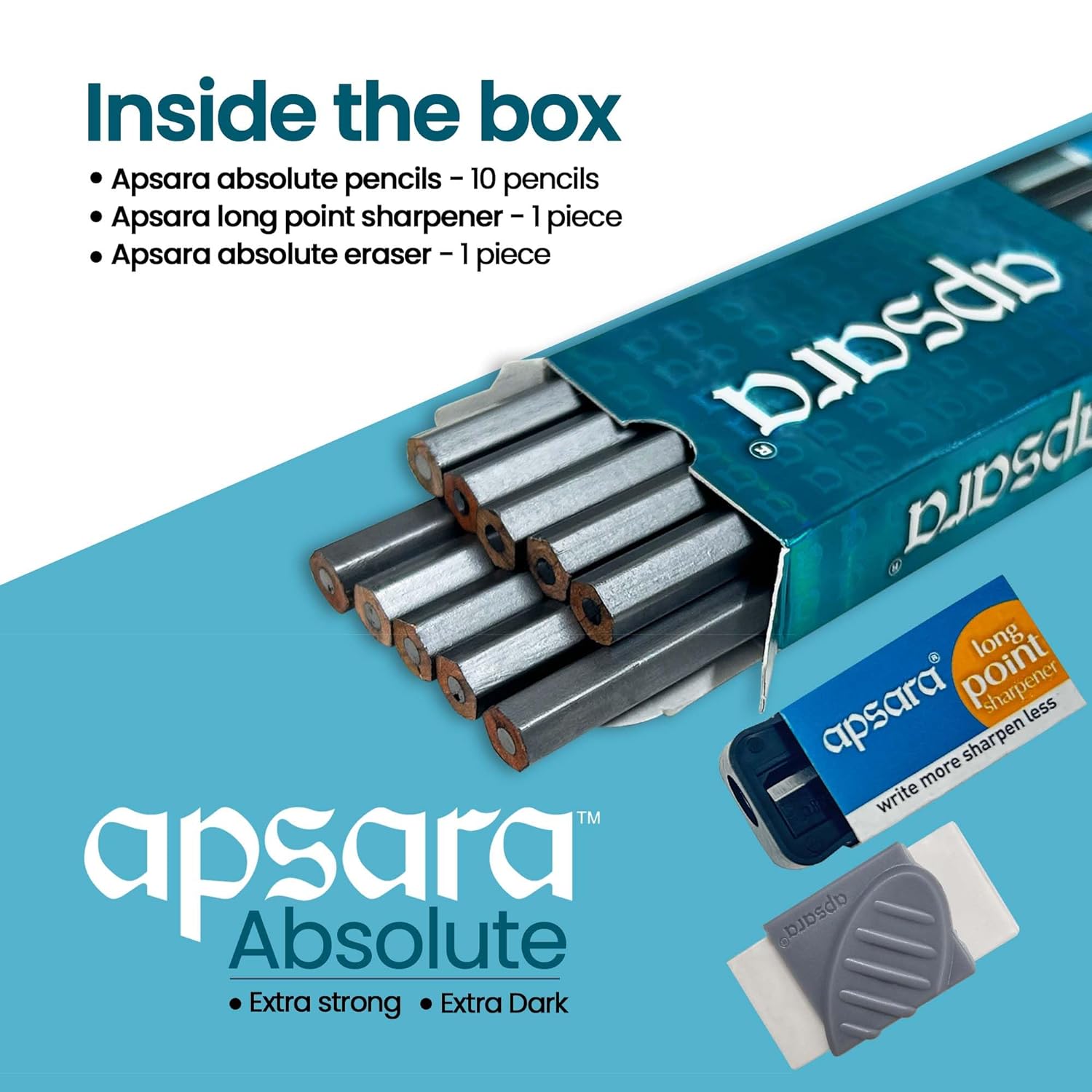 Apsara Absolute Extra Dark Pencils - Pack of 10 Pencils (Long Point Sharper + Absolute Eraser Also Available In Box) view 4