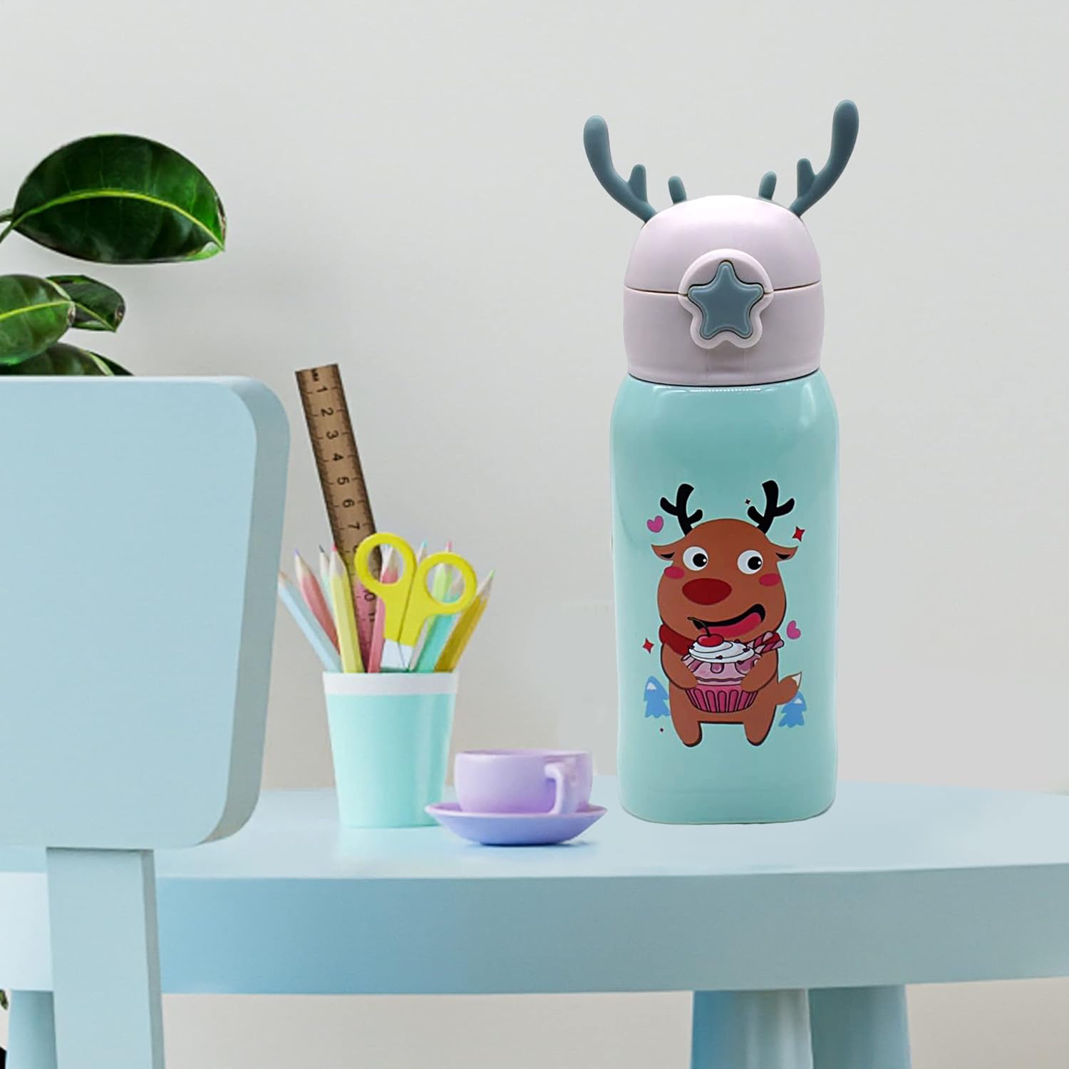 Water Bottle for Kids 600 ML with Sleeve & Stainless Steel Insulated with 3 Lids Anti-leak Kids Cartoon Water Bottle Green view 4