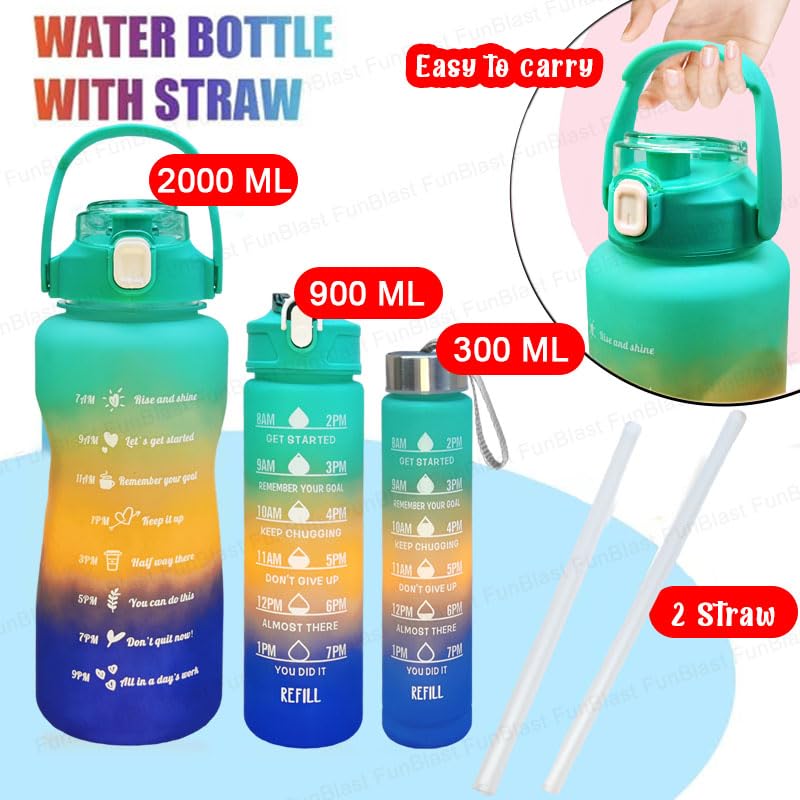 Motivational Water Bottle Set With Sipper - 3 Pieces (2L, 900ml, and 300ml) Light-weight, Leak-proof, BPA-free Water Bottle For Kids & Adults – Green view 4