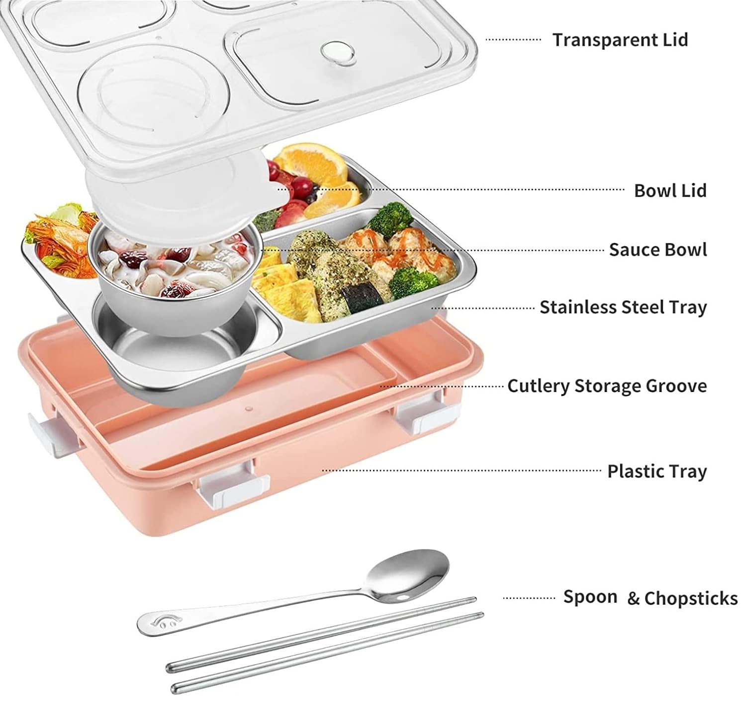 Leak Proof 4 Compartment Lunch Boxes Reusable Microwave Freezer Safe Stainless Steel Portion Snack Containers for Adults and Kids (Pink) view 5