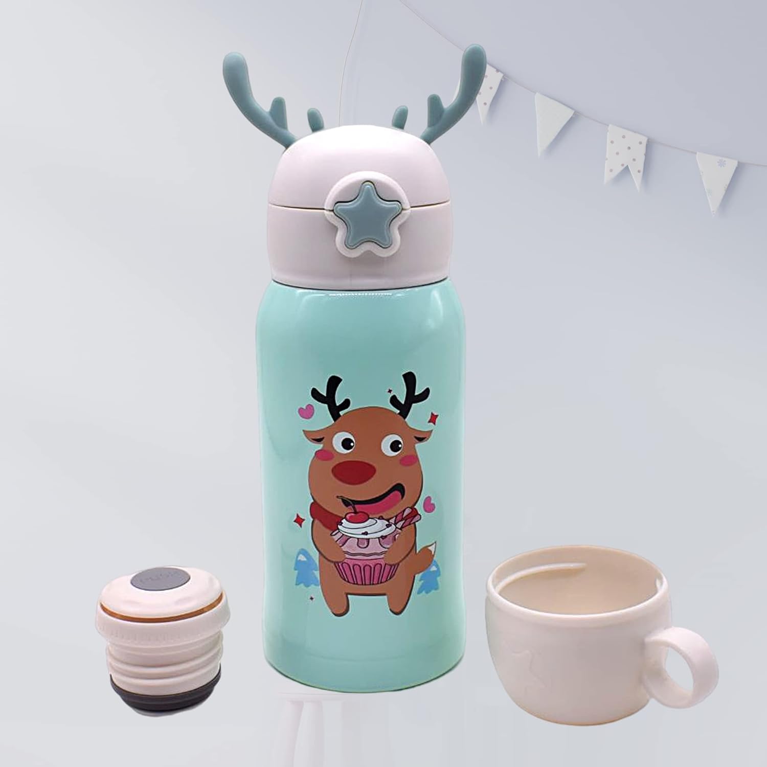 Water Bottle for Kids 600 ML with Sleeve & Stainless Steel Insulated with 3 Lids Anti-leak Kids Cartoon Water Bottle Green view 5