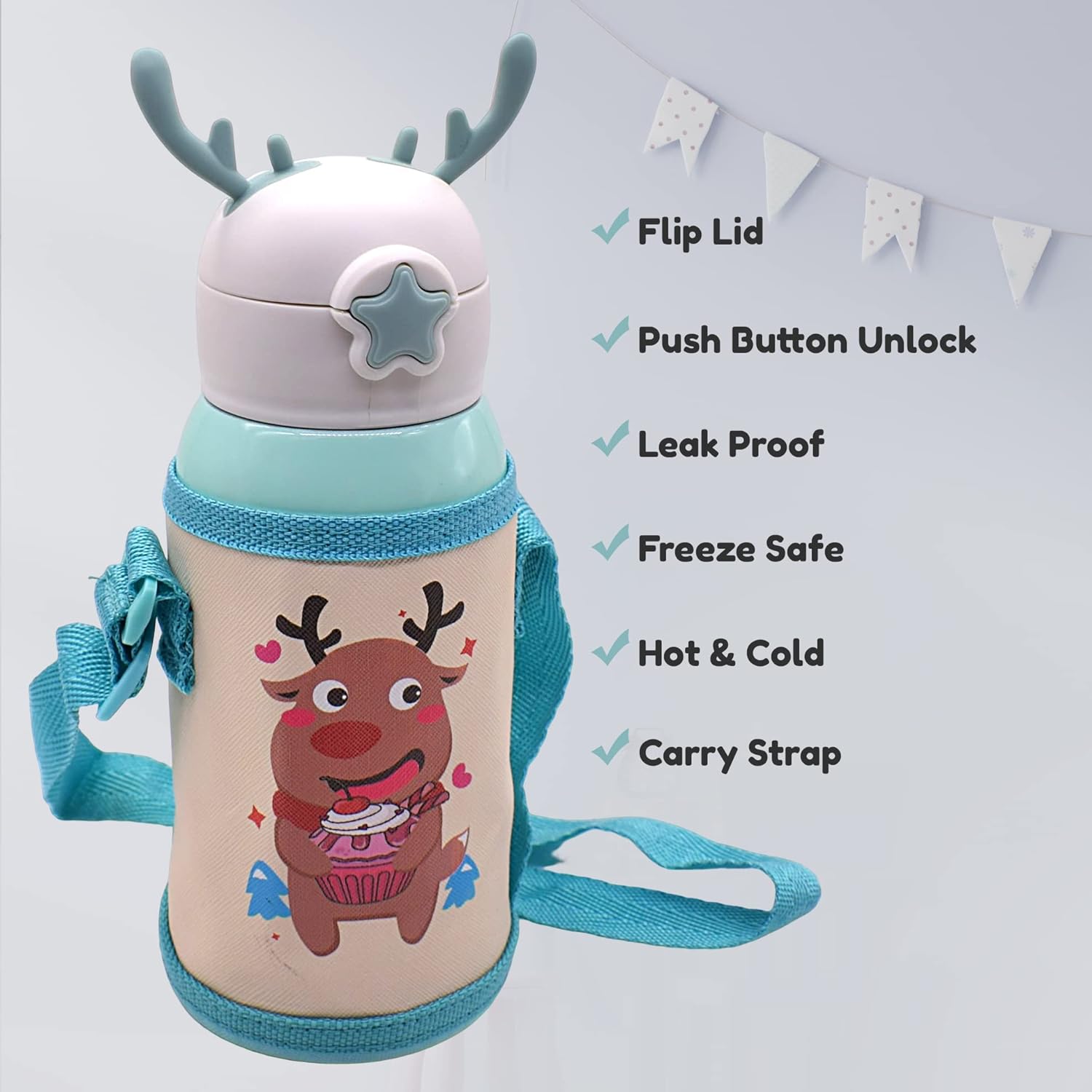 Water Bottle for Kids 600 ML with Sleeve & Stainless Steel Insulated with 3 Lids Anti-leak Kids Cartoon Water Bottle Green view 6