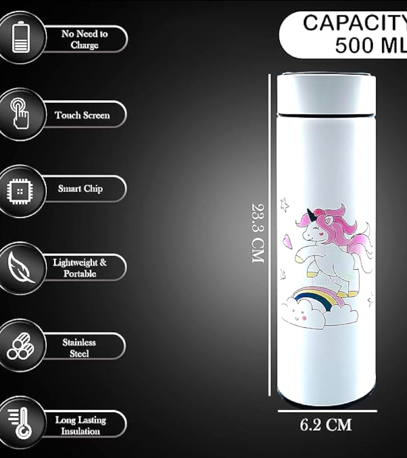 Unicorn Temperature LED Touch Display Bottle 420 ml - Water, Milk, Juice and Liquid - for Kids - BPA Free (Pink) view 6