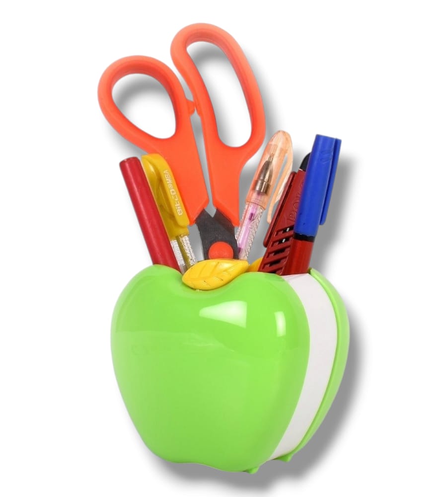 Apple Shape Plastic Pen Holder - Green & White, for Home and Office