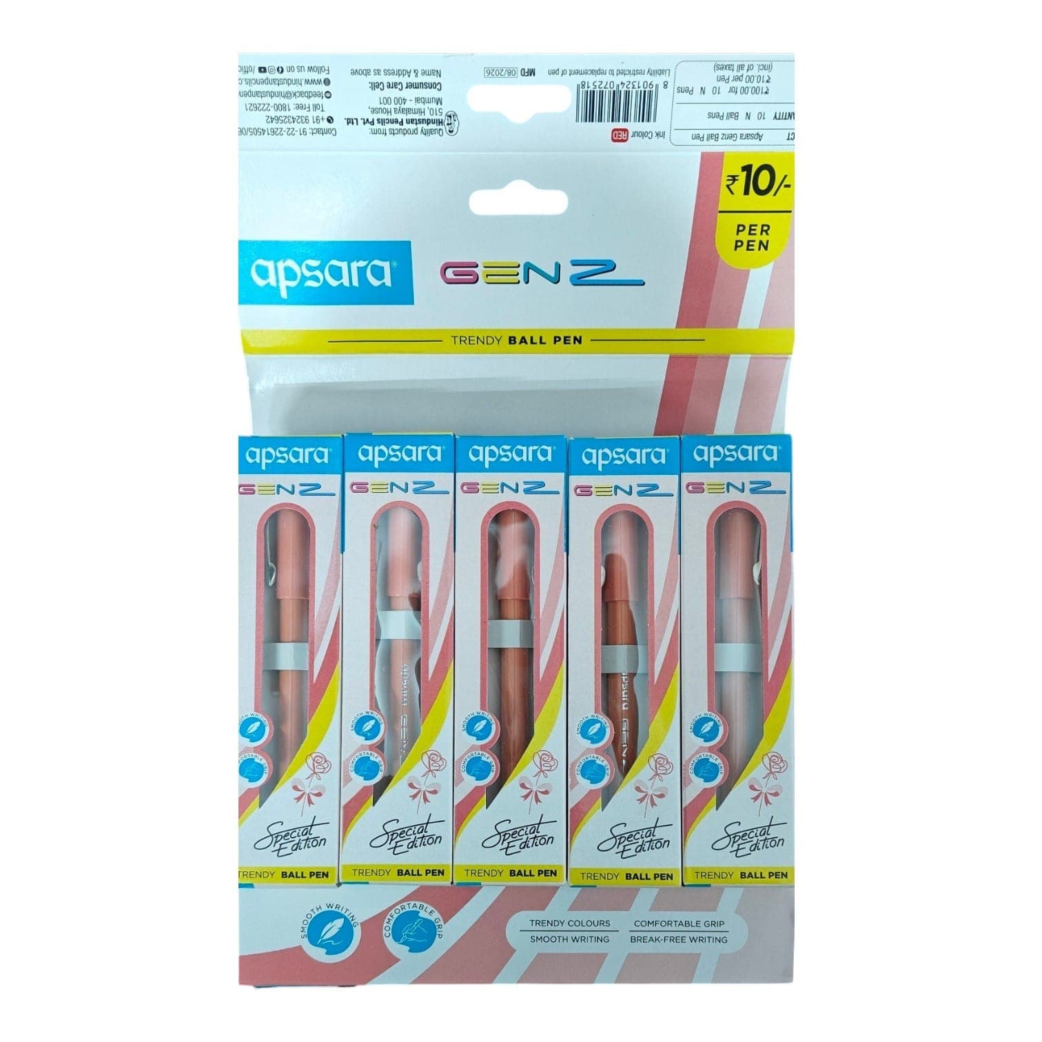 Apsara Gen Z Trendy Ball Pen Special Edition Red Color - Set of 5