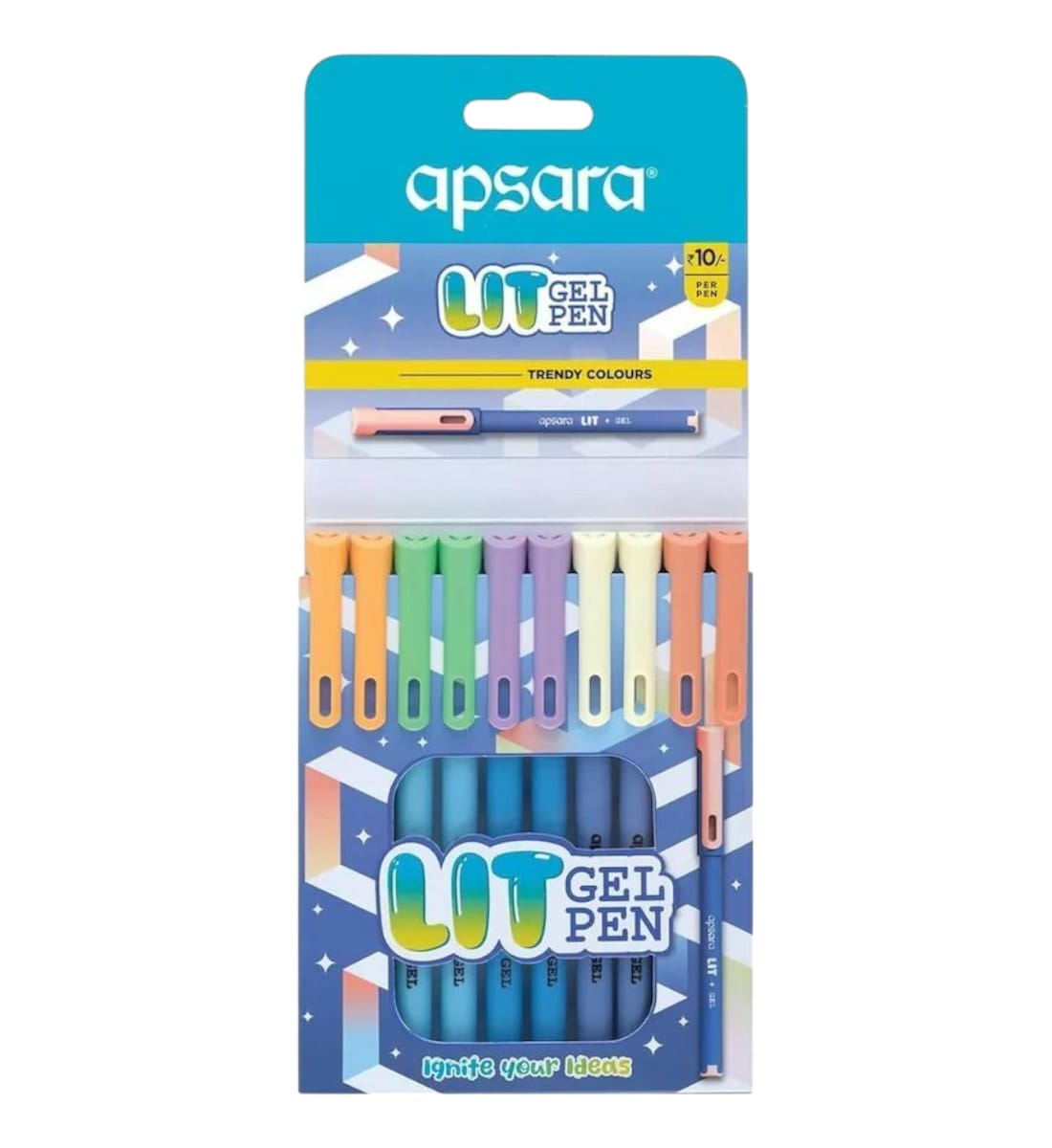 Apsara Lit Gel Pens | Pack of 10 | Trendy Colors | Smooth & Waterproof Gel Ink | Smudge-Resistant for Effortless Writing | Ideal for School, College & Office Use | Blue Ink