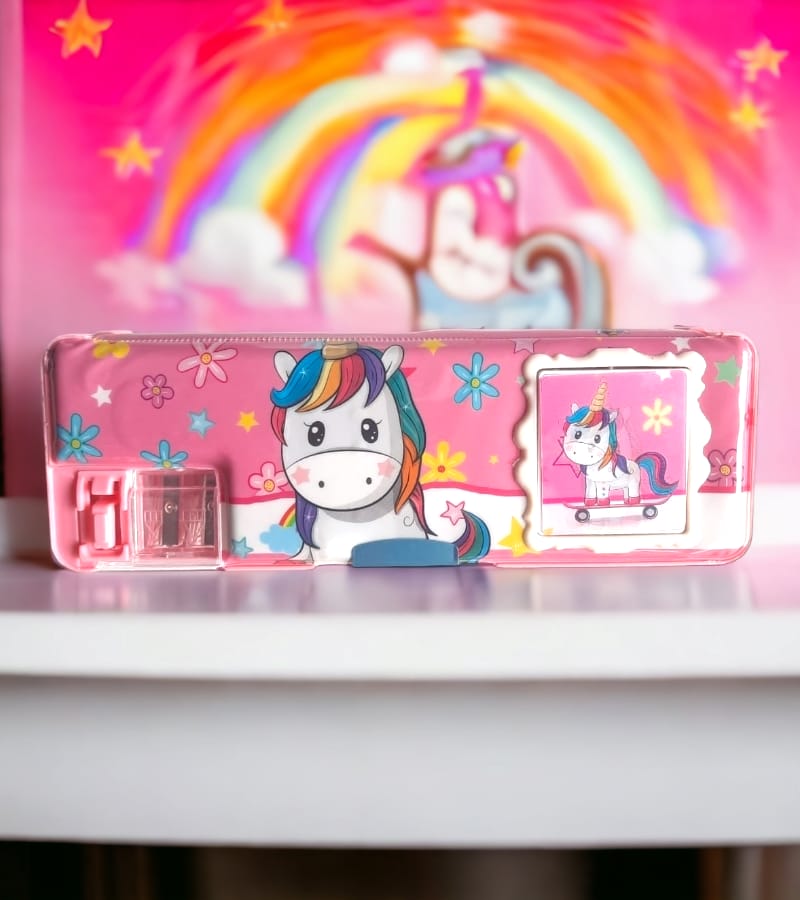 Cartoon Themed Pink Magnetic Pencil Box with Calculator & Dual Sharpener for Kids - Buy Online at Your NoteBook