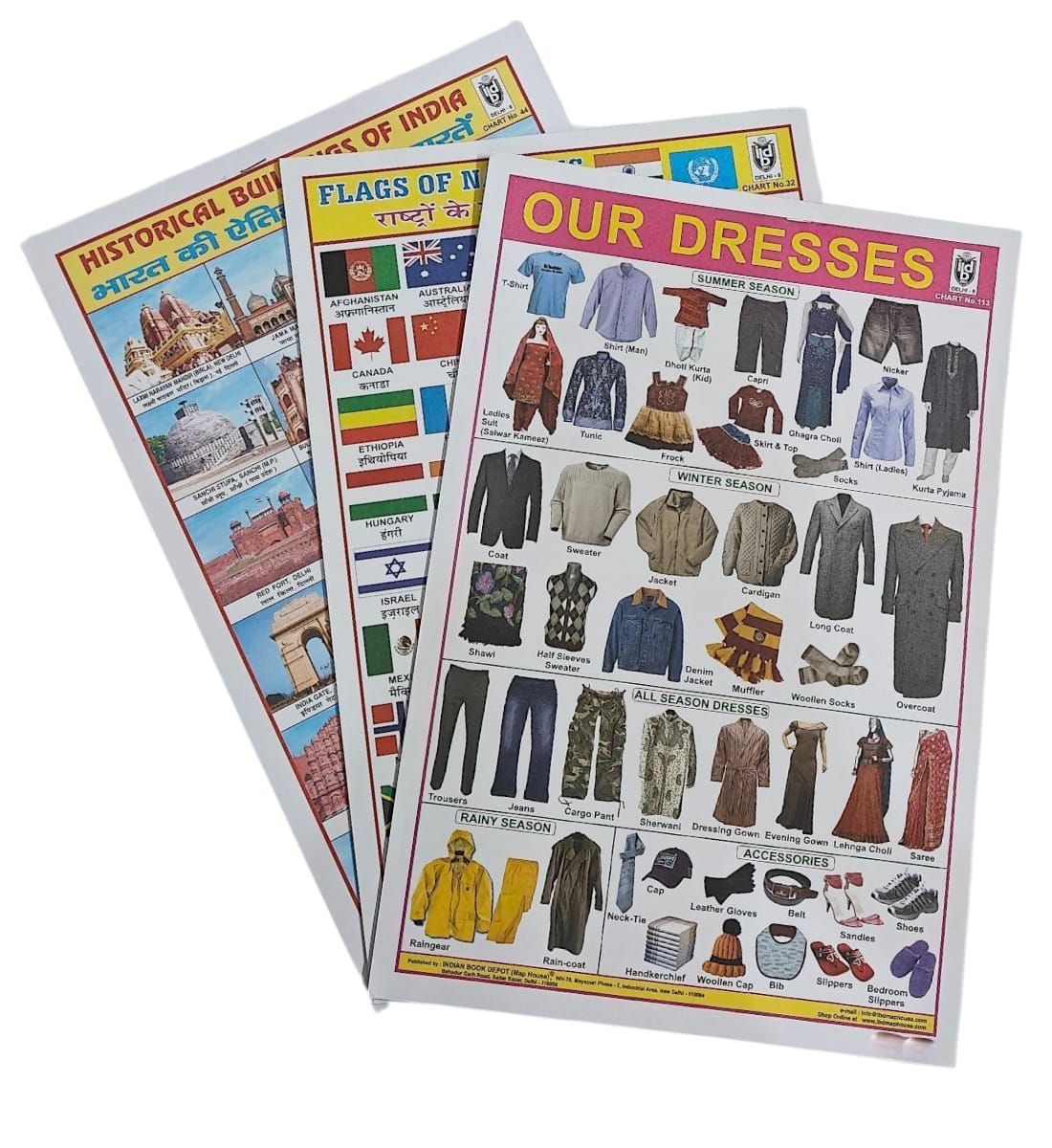 Historical Buildings of India, Flags of Nations & Our Dresses Sticker Chart | 3 Sheets, 124 Stickers | Hindi & English Educational Wall Chart for Kids