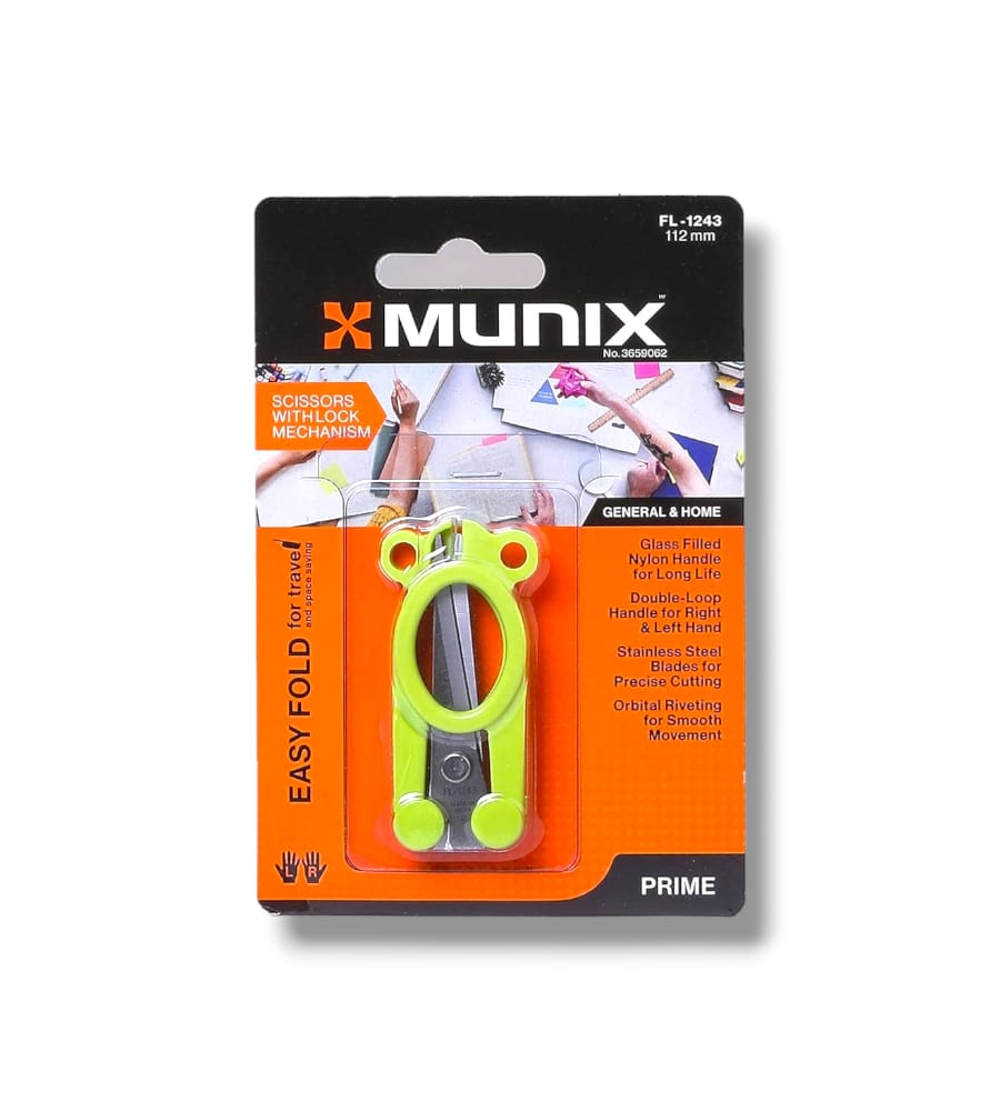 Munix Foldable Scissors FL-1243 112 mm / 4.4" Stainless Steel Foldable Scissors | Pointed Tip Blade with Lock Mechanism | Pack of 1