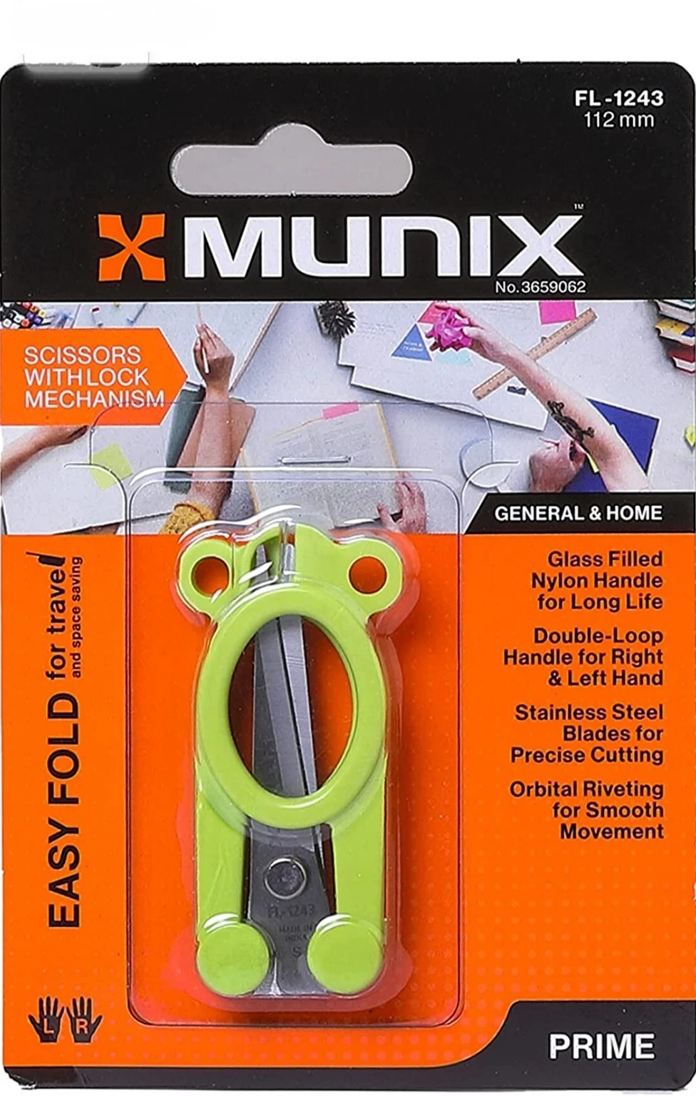Munix Scissors FL-1243 112 mm Stainless Steel Foldable Scissors | Pointed Tip Blade with Lock Mechanism | Pack of 1