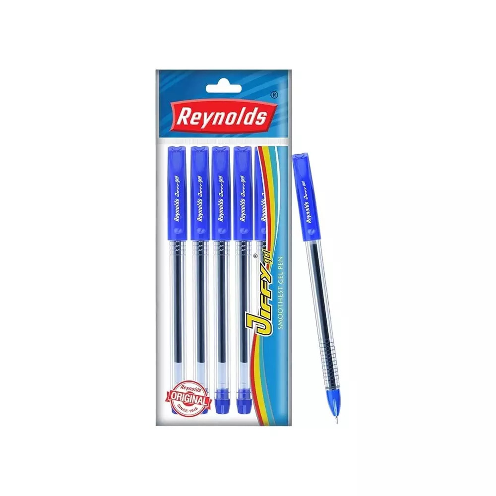 Reynolds Jiffy Gel Pen Blue Ink 0.5 mm Fine Tip Smooth Writing - Pack of 5