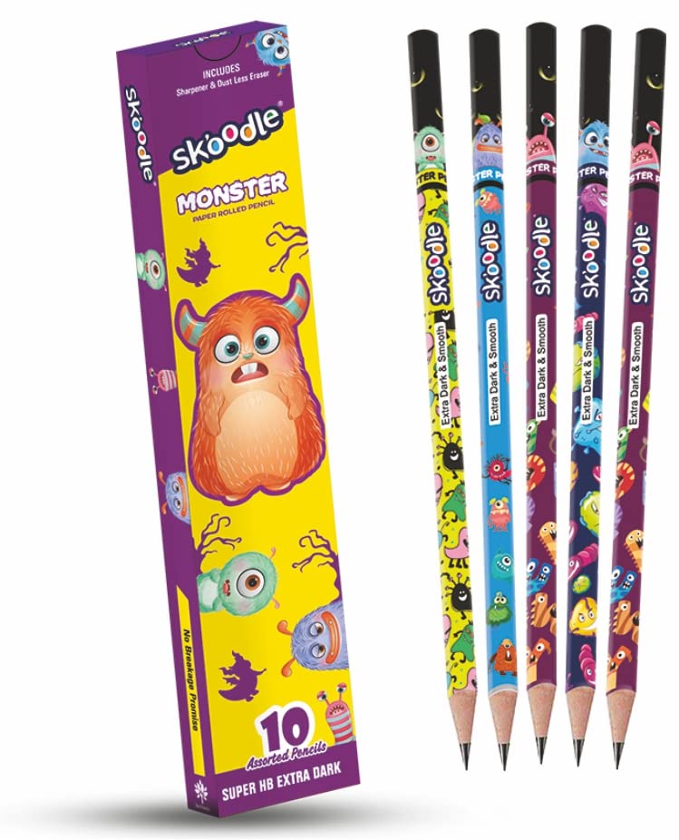 Skoodle Monster Series Super HB Extra Dark Pencils - Pack of 10 With Sharpener & Eraser - Buy Online at Your NoteBook