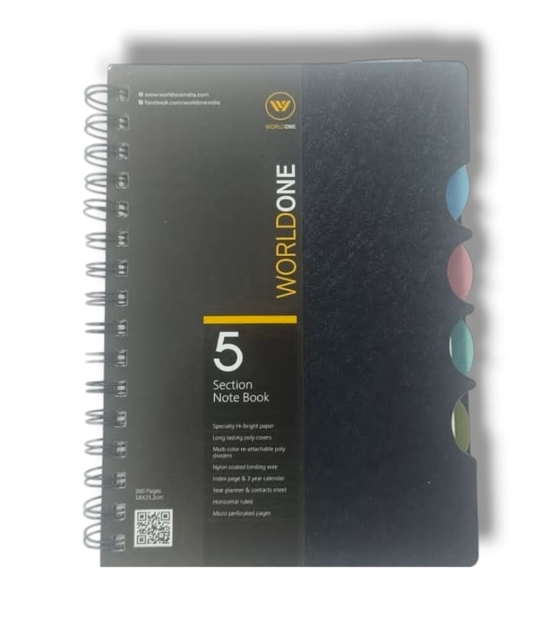WorldOne A5 Wiro 5 Section Notebook – 18 x 25.2 cm, 300 Pages